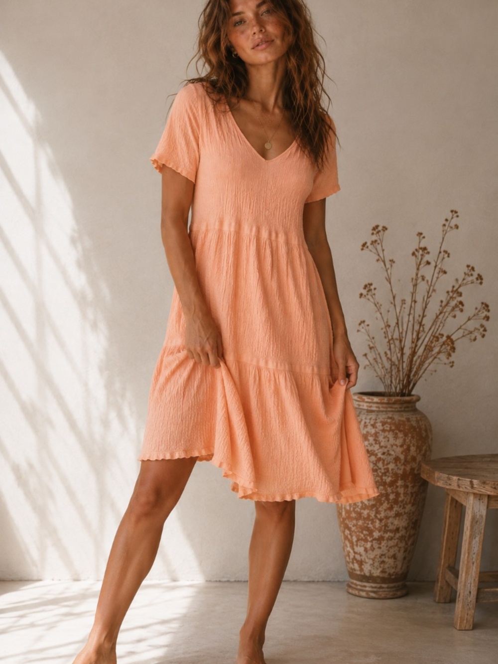 Stillwater Supply Co. M Peach Crinkle Gauze V-Neck Dress 100% Cotton Cottagecore